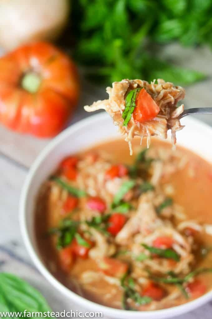 Take just 10 minutes to prep this Paleo & Whole30 Creamy Chicken Tomato Soup, and let your slow cooker do the rest! It's the perfect cold weather busy weeknight meal.