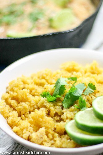 This Paleo and Whole30 Plantain Rice has a texture that's on point and a very subtle tropical flavor which offsets spicy foods perfectly. Gluten free, grain free. Serve it under or alongside everything you love or alone with fresh cilantro and lime juice.