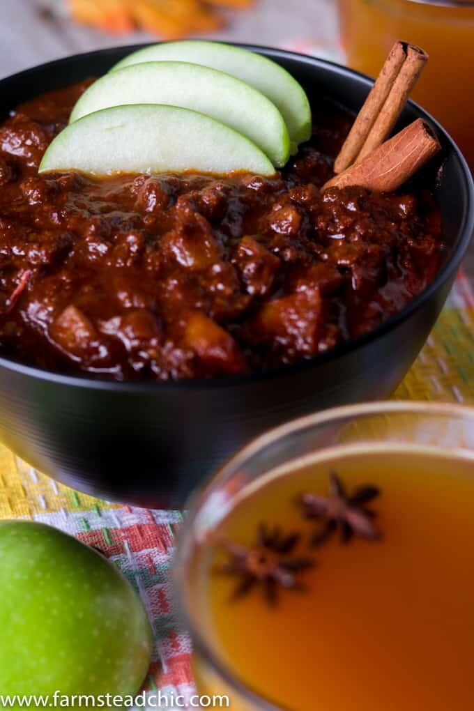 This Paleo and Whole30 Apple Cider Chili will warm your bones. Sweet apple cider, apples and cinnamon combine with chili powder for the perfect fall treat!