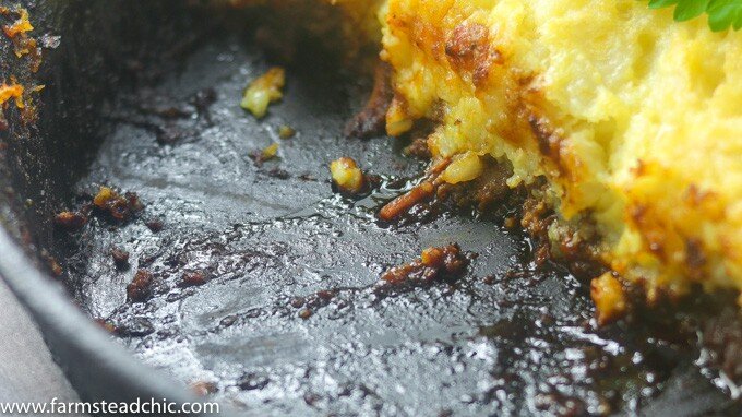 This Whole30 Shepherd's Pie is packed full of savory flavors like thyme and rosemary. Lamb meat is topped with fluffy, buttery mashed potatoes toasted to perfection under the broiler. Dairy free and gluten free. Use ground beef for a Whole30 Cottage Pie instead.