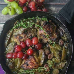 This Paleo and Whole30 Chicken Thighs with Roasted Apples and Grapes is a quick and easy one-skillet wonder perfect for a chilly autumn weeknight.