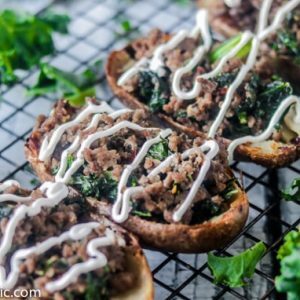 These crispy, buttery Dairy-Free and Whole30 Zuppa Toscana Potato Skins are packed full of Italian sausage and kale, bursting with flavors of garlic, Italian seasoning and crushed red pepper.