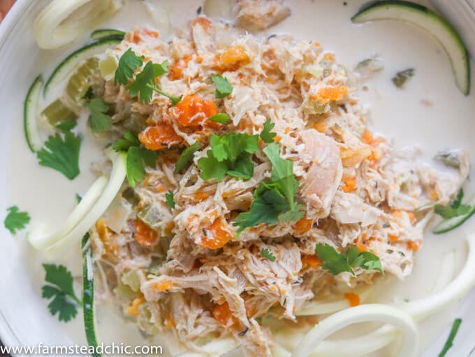 This Paleo and Whole30 Chicken Noodle Soup is gluten-free, grain-free and dairy-free with no added sugar or questionable ingredients. Traditional noodles are replaced with spiralized zucchini, or "zoodles," and the result is an incredibly tasty, truly healthy slow cooker meal with only eight ingredients! 