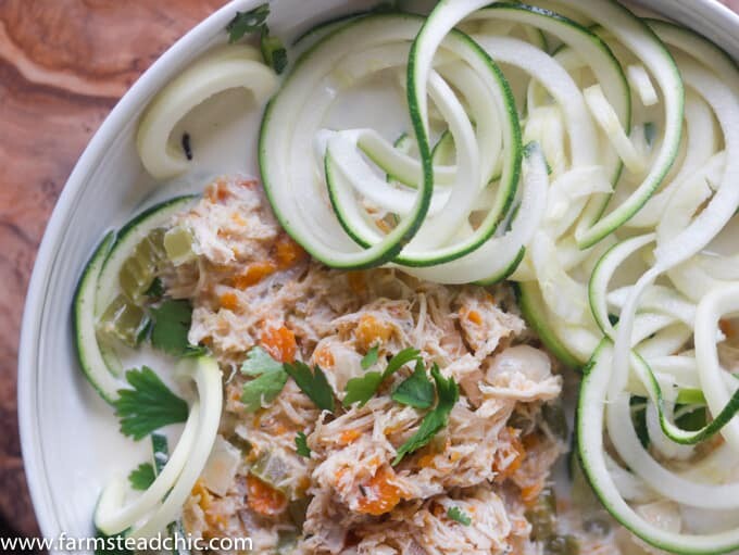 This Paleo and Whole30 Chicken Noodle Soup is gluten-free, grain-free and dairy-free with no added sugar or questionable ingredients. Traditional noodles are replaced with spiralized zucchini, or "zoodles," and the result is an incredibly tasty, truly healthy slow cooker meal with only eight ingredients! 