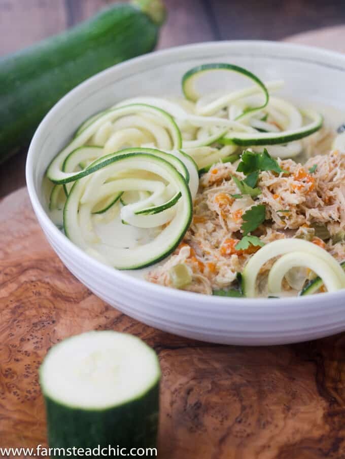 This Paleo and Whole30 Chicken Noodle Soup is gluten-free, grain-free and dairy-free with no added sugar or questionable ingredients. Traditional noodles are replaced with spiralized zucchini, or "zoodles," and the result is an incredibly tasty, truly healthy slow cooker meal with only eight ingredients! 