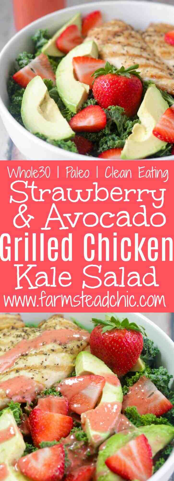 This Paleo and Whole30 Strawberry Avocado Kale Salad has a base of kale. Add grilled chicken to make it a full meal and drizzle with Strawberry Vinaigrette. A simple gluten free, grain free and dairy free superfood meal! Leave off the chicken for a vegetarian and vegan side salad.