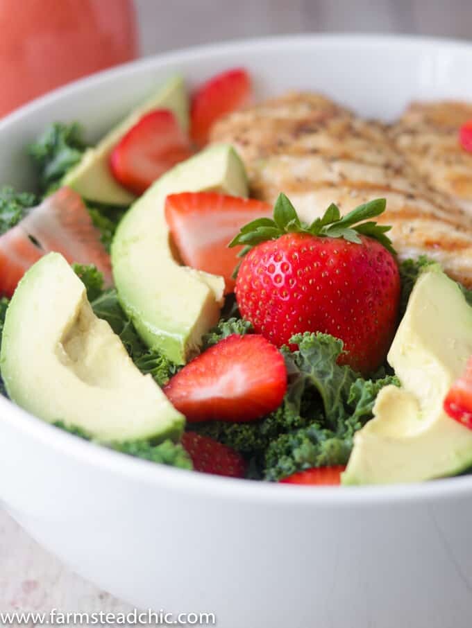 This Paleo and Whole30 Strawberry Avocado Kale Salad has a base of kale. Add grilled chicken to make it a full meal and drizzle with Strawberry Vinaigrette. A simple gluten free, grain free and dairy free superfood meal! Leave off the chicken for a vegetarian and vegan side salad.