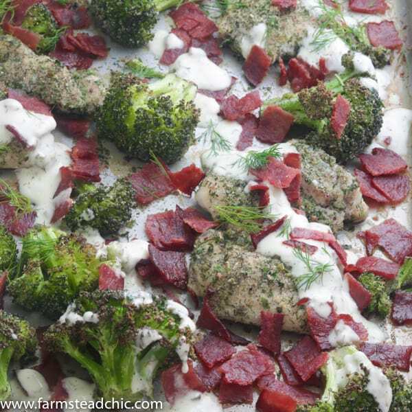 This Paleo and Whole30 Chicken Bacon Ranch Sheet Pan Dinner combines tender, juicy chicken thighs with roasted broccoli, crispy bacon and typical ranch dressing herbs and seasonings like chives, dill, parsley and onion and garlic powder into a one-dish, quick and tasty sheet pan dinner. Gluten free, grain free, dairy free, low carb.