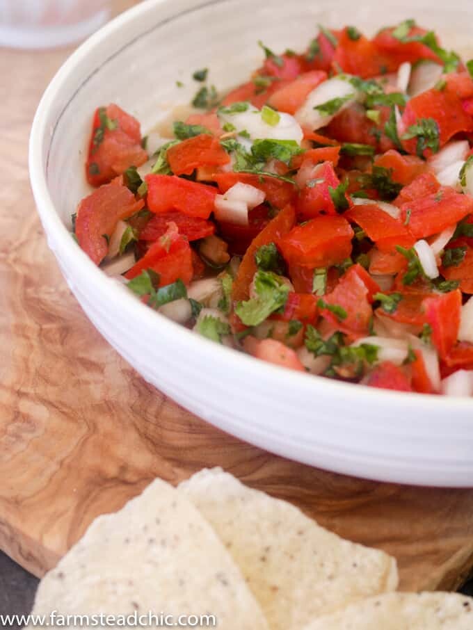 This Paleo and Whole30 Pico de Gallo is a quick and easy appetizer. Fresh tomatoes, onion, garlic, cilantro, lime juice and avocado oil and ten minutes are all you need. Vegan-, vegetarian-friendly.