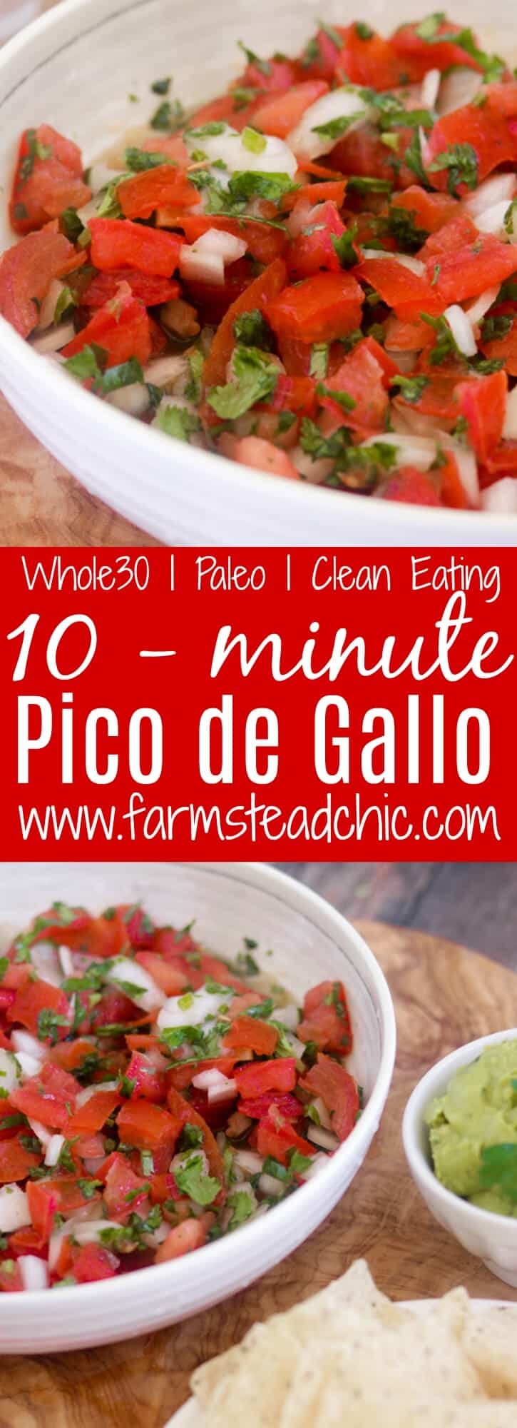 This Paleo and Whole30 Pico de Gallo is a quick and easy appetizer. Fresh tomatoes, onion, garlic, cilantro, lime juice and avocado oil and ten minutes are all you need. Vegan-, vegetarian-friendly.