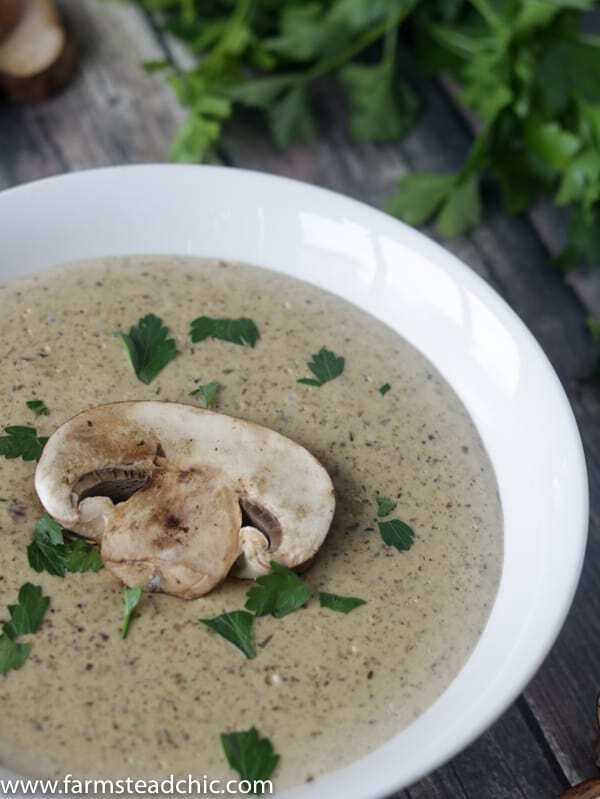 Keto Cream of Mushroom Soup in a white bowl on a dark barn wood background with fresh mushrooms and parsley.