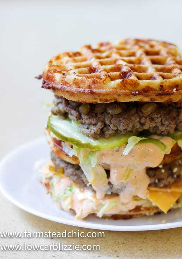The perfect Chaffle bun, super thin, juicy, perfectly seasoned hamburger patty, crunchy dill pickles, shredded iceberg lettuce, American cheese and Thousand Island dressing make this Keto Big Mac Chaffle taste like the real thing without all the harmful additives and questionable ingredients.  #ketobigmac #bigmacchaffle #lowcarbbigmac #lowcarbburger #chaffle #farmsteadchic 