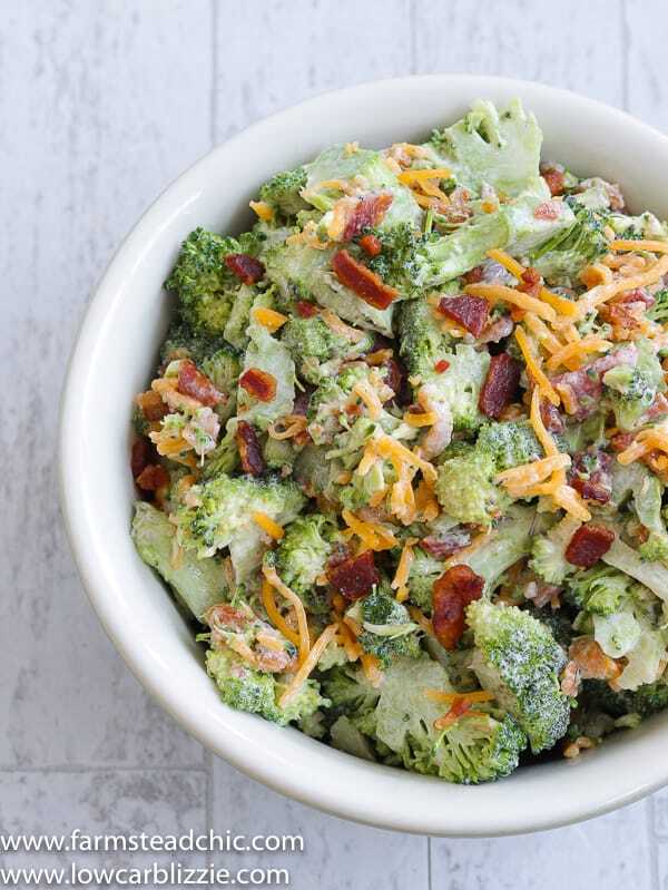 This Low Carb, Keto Broccoli Salad is made with fresh, raw broccoli, crispy fried bacon, shredded cheddar and creamy mayonnaise. It's a great fresh and crunchy addition to your holiday potluck or summer BBQ. | www.farmsteadchic.com | #ketobroccolisalad #lowcarbbroccolisalad #farmsteadchic #ketoholiday #lowcarbholiday #ketoBBQ #lowcarbBBQ #broccolisalad