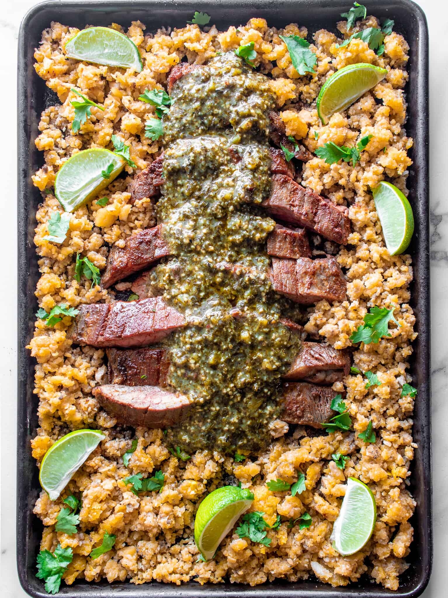 Paleo Flank Steak Fajitas with Plantain Rice and Chimichurri Sauce