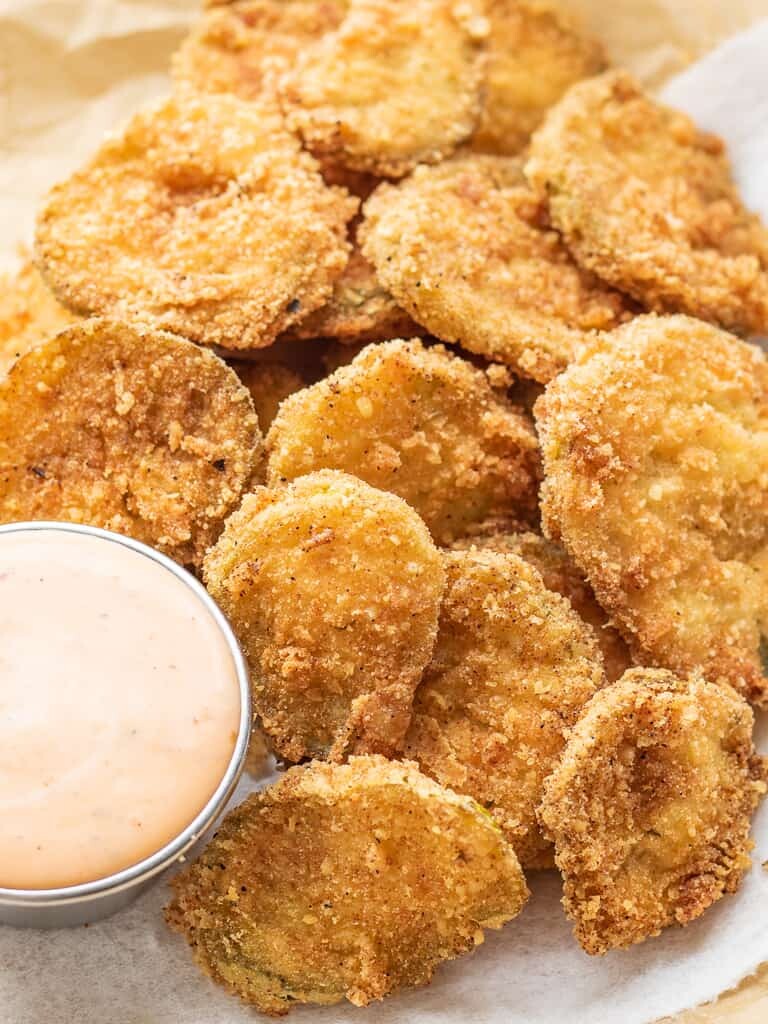 Low Carb, Keto Fried Pickles with Chili Ranch Dipping Sauce