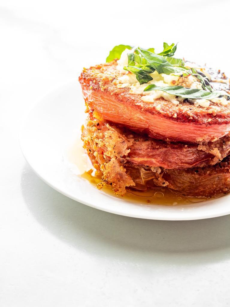 Low Carb, Keto Fried Tomatoes - Mozzarella, Basil & Balsamic Reduction